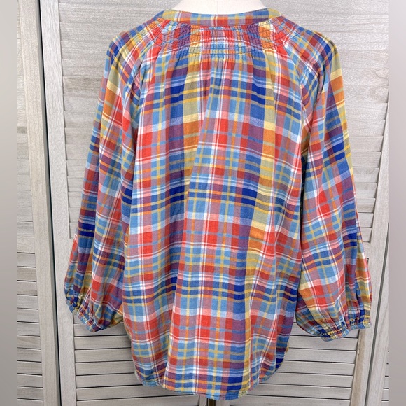TIME AND TRU Puff Sleeve Plaid Button Down Shirt Blue/Red Multi-XL - Picture 2 of 3